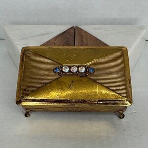 Estate Brass Jewelry Velvet Lined Casket with Gem Accents